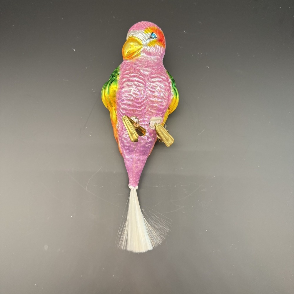 Christopher Radko Polly Wanna Parrot Ornament Glass Clip On Spun Tail Pink VTG